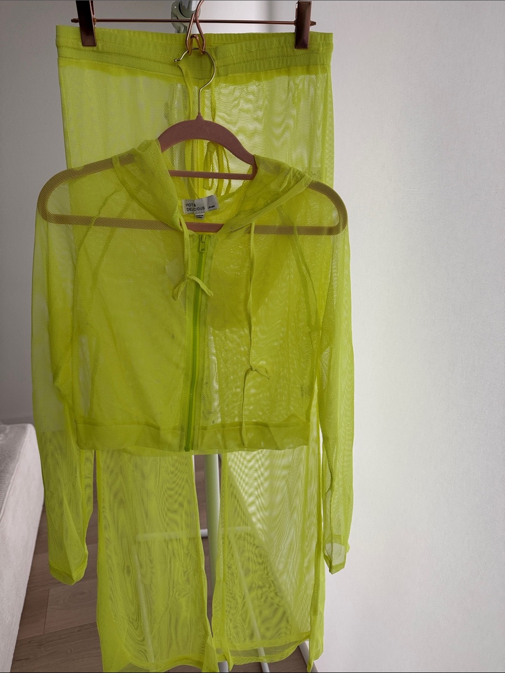 Neon Lime Mesh Cropped Zip Hoodie Set